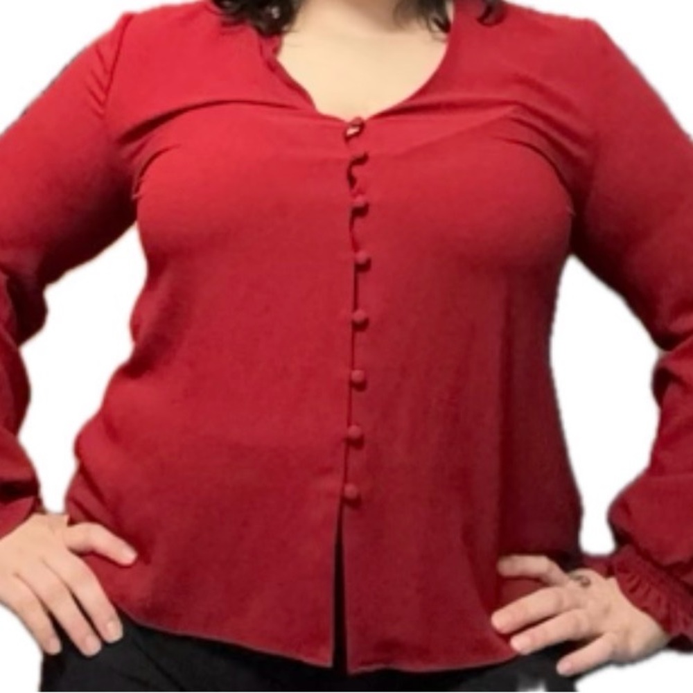 1. State Red Button-Front Long Sleeve Blouse